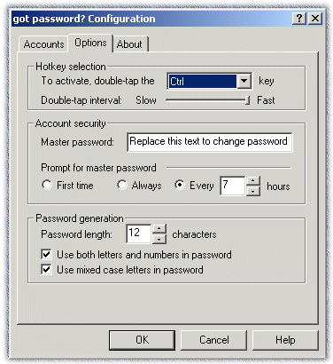 Options configuration screen